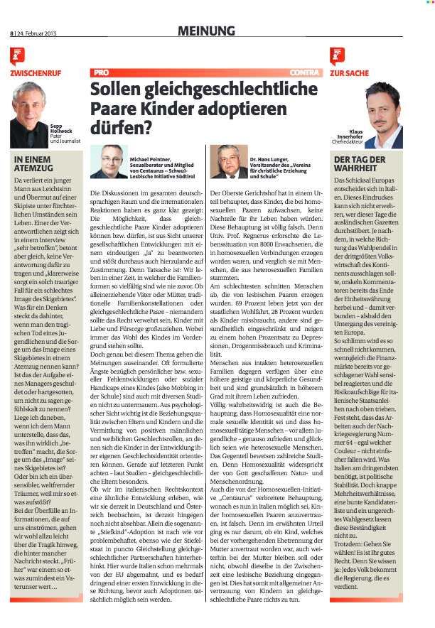 Dr. Michael Peintner, Rubrik Meinung in der Zett: Sollen gleichgeschlechtliche Paare Kinder adoptieren dürfen? Auch in Südtirol Gleichstellung der EU-Vorgaben.