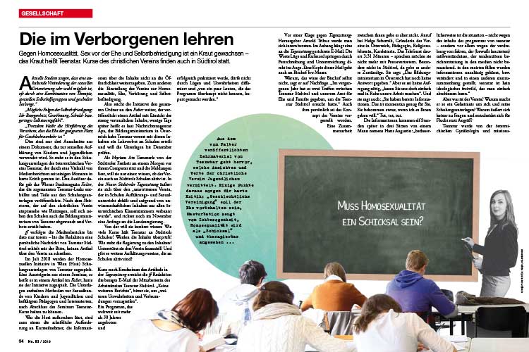 ff Artikel über Teenstar Südtirol, ein fundamentalistischer christlicher Verein, der meint Homosexualität sei therapierbar. Interview mit Michael Peintner, 2019