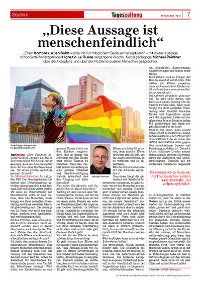 Ignazio La Russa menschenfeindliche Aussage eines Politikers aus Italien. Interview Südtiroler Tageszeitung mit Sexualpädagogen Michael Peintner